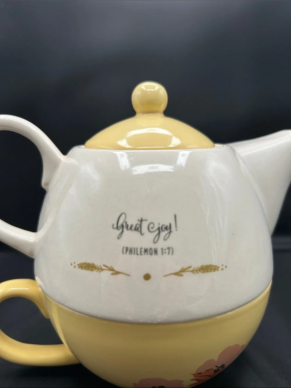 EUC DaySpring Tea for One Set Teapot & Cup Philemon 1:7 Yellow Floral